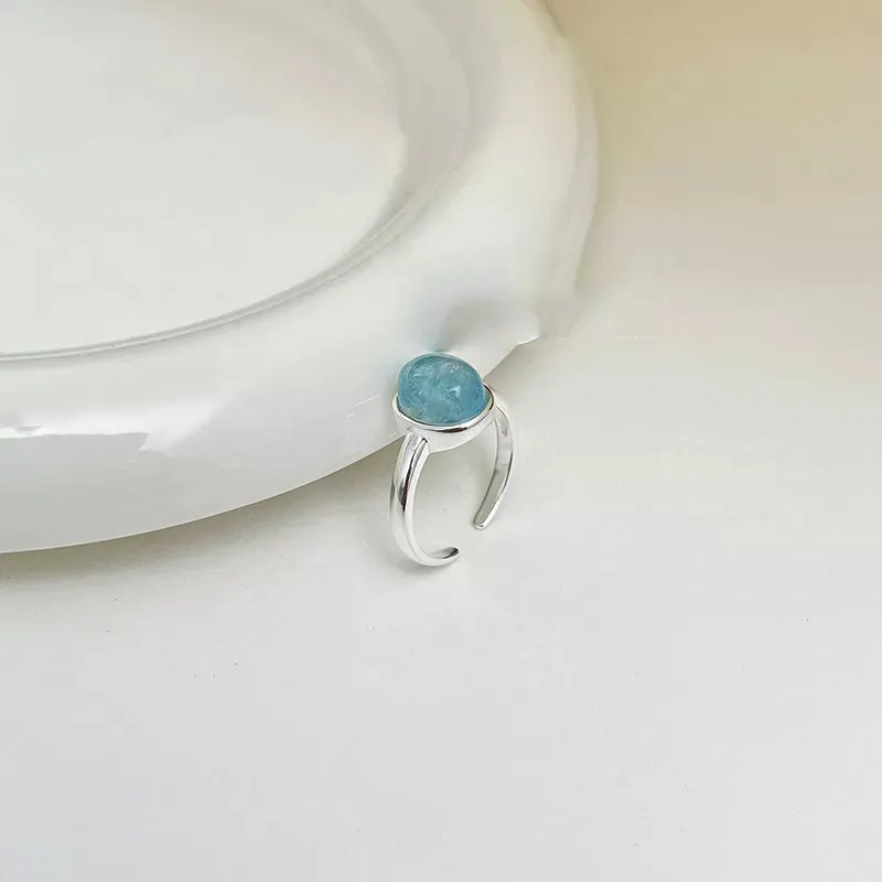 925 Ayar Gümüş Mavi Kristal Taşlı Minimalist Ayarlanabilir Yüzük