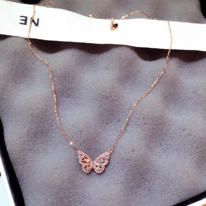 925 Ayar Rose Renk Zirkon Taşlı Kelebek Kolye