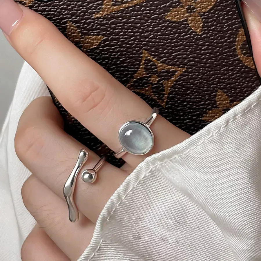 925 Ayar Gümüş Mavi Kristal Taşlı Minimalist Ayarlanabilir Yüzük