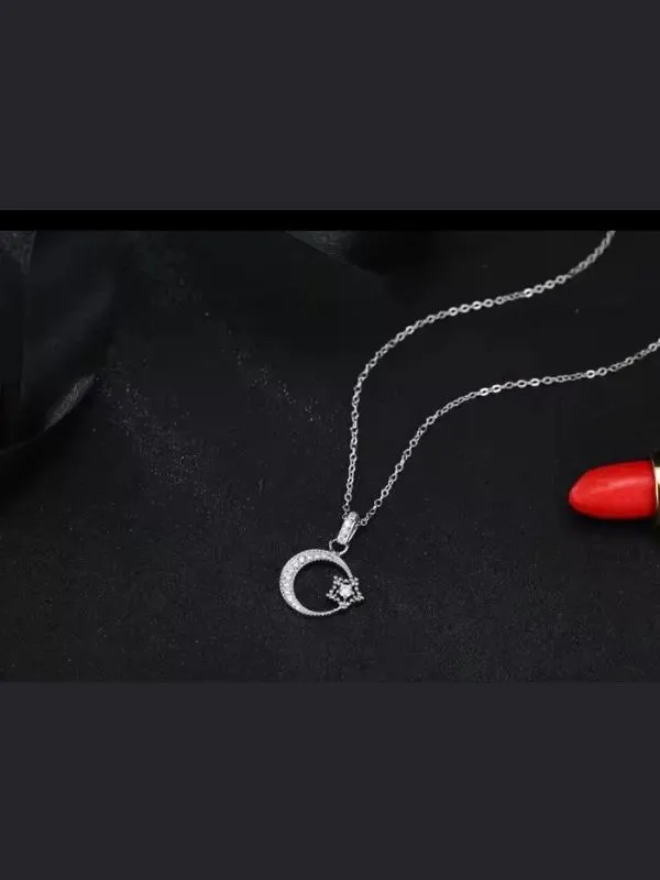 925 Ayar Gümüş Kristal Taşlı Ay Yıldız Kolye