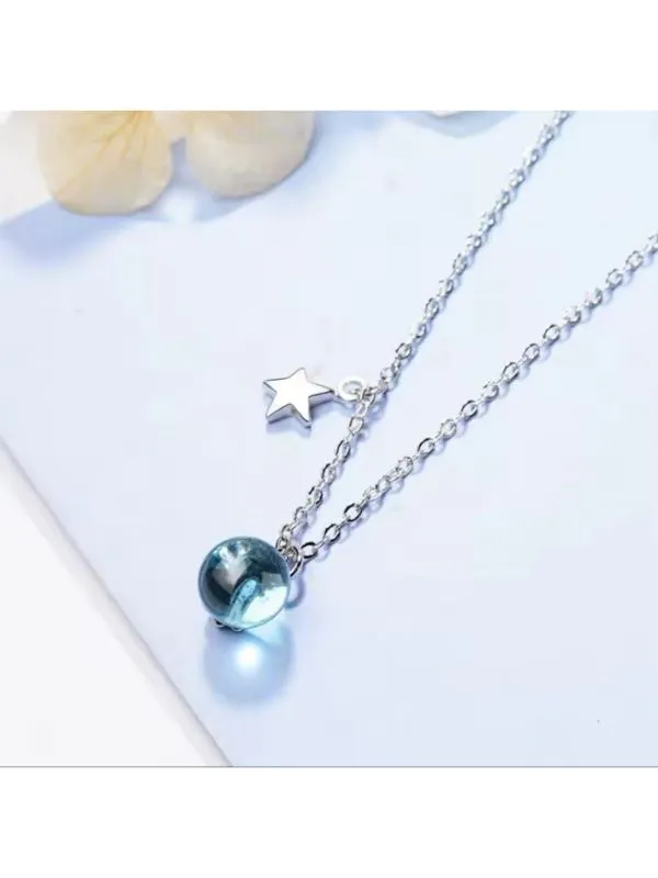 925 Ayar Gümüş Kristal Mavi Top ve Yıldız Kolye