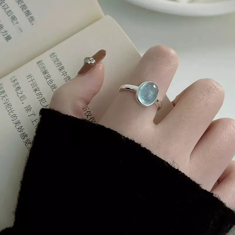 925 Ayar Gümüş Mavi Kristal Taşlı Minimalist Ayarlanabilir Yüzük