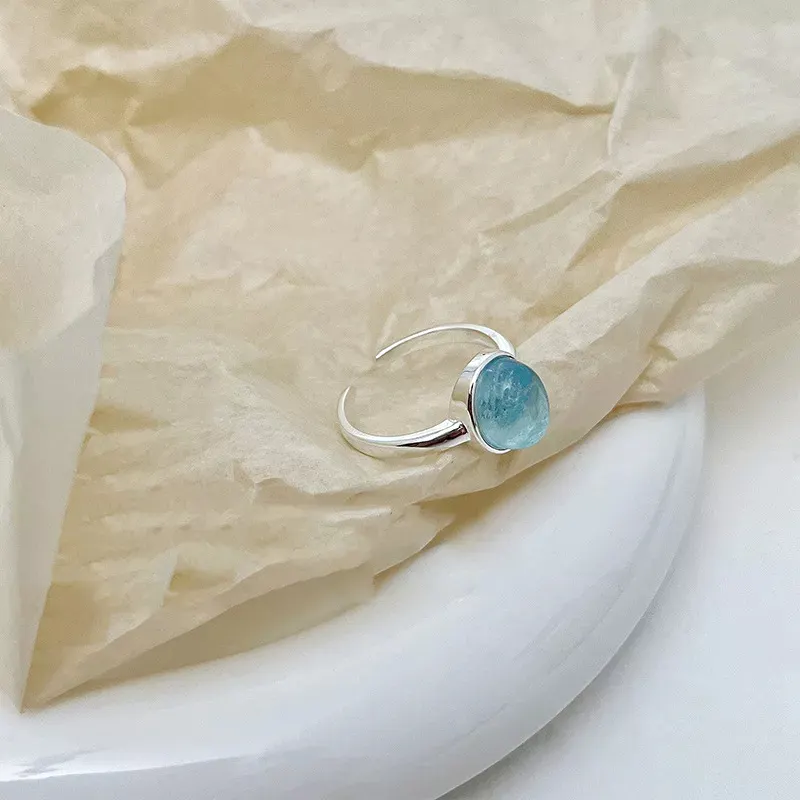 925 Ayar Gümüş Mavi Kristal Taşlı Minimalist Ayarlanabilir Yüzük