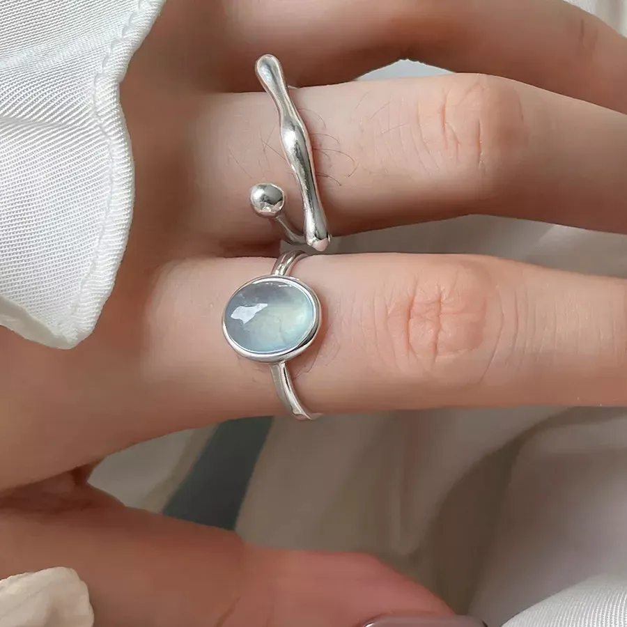 925 Ayar Gümüş Mavi Kristal Taşlı Minimalist Ayarlanabilir Yüzük