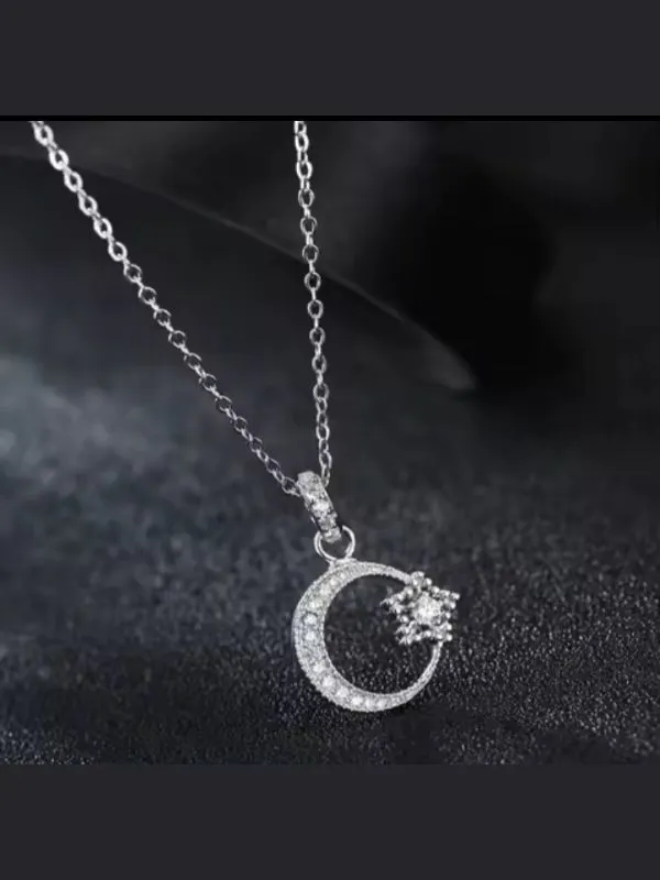 925 Ayar Gümüş Kristal Taşlı Ay Yıldız Kolye