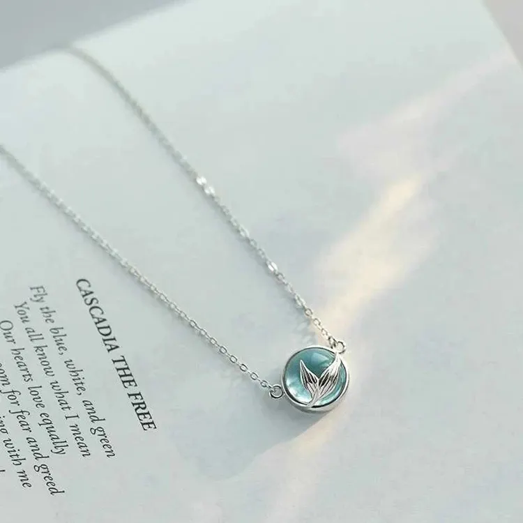 925 Ayar Gümüş Kristal Mavi Taşlı Balık Kuyruğu Kolye