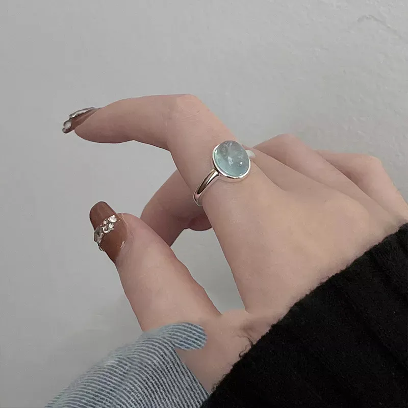 925 Ayar Gümüş Mavi Kristal Taşlı Minimalist Ayarlanabilir Yüzük