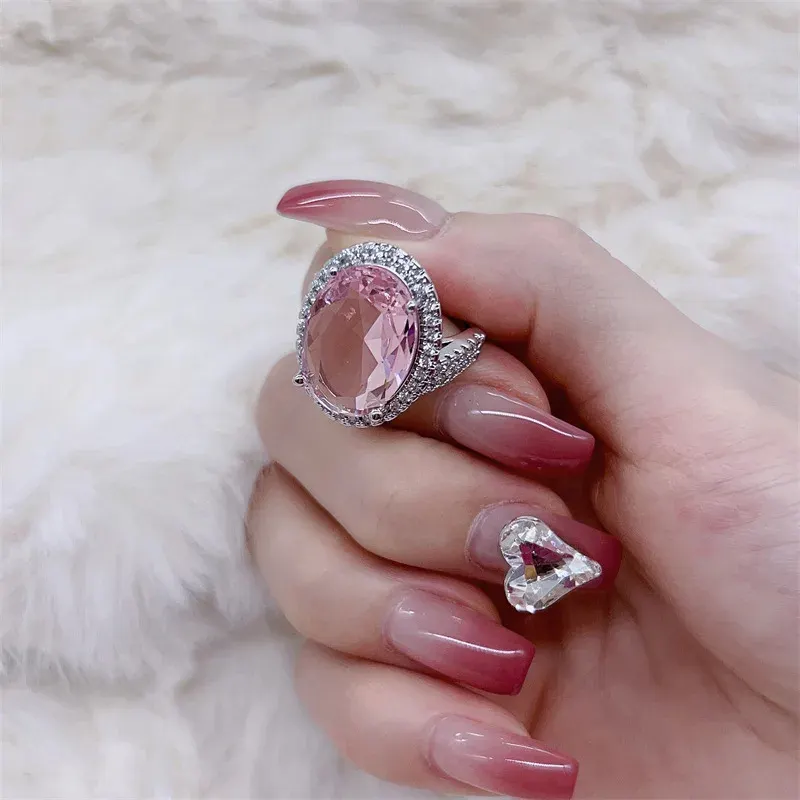 925 Ayar Gümüş Ayarlanabilir Oval Pembe Zirkon Taşlı Yüzük