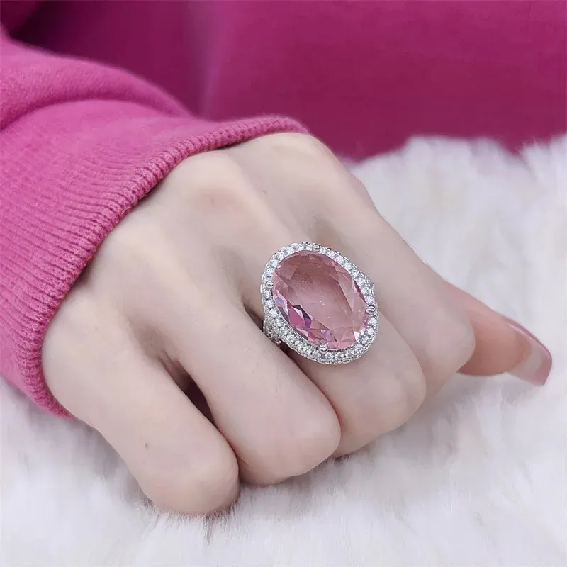925 Ayar Gümüş Ayarlanabilir Oval Pembe Zirkon Taşlı Yüzük