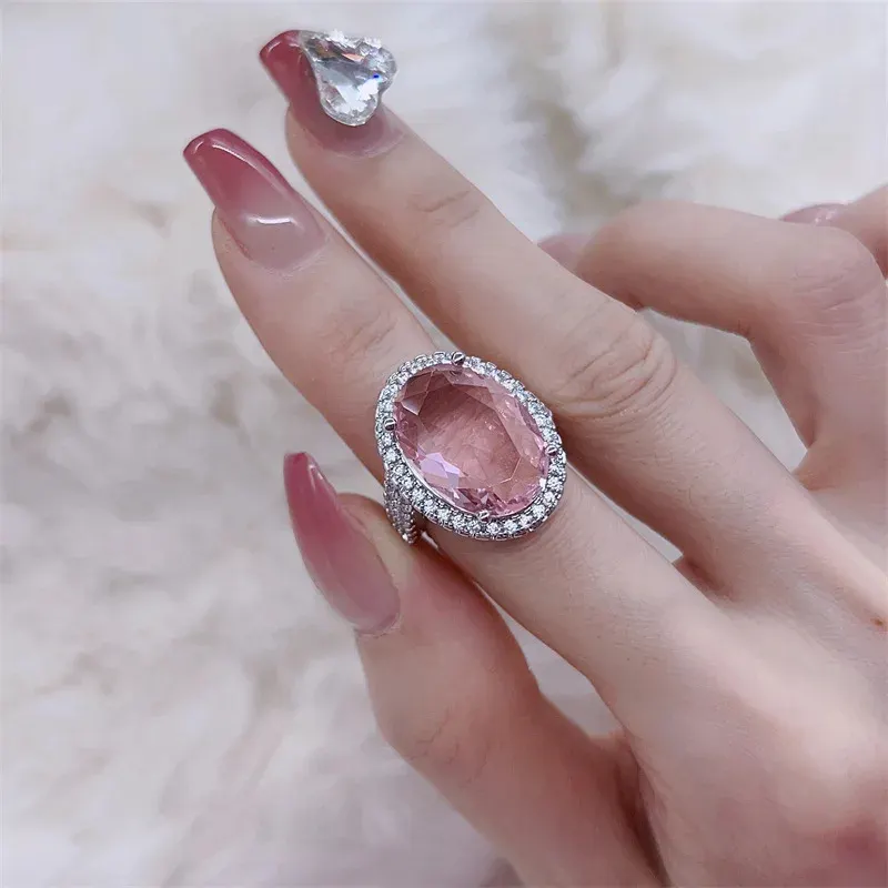 925 Ayar Gümüş Ayarlanabilir Oval Pembe Zirkon Taşlı Yüzük