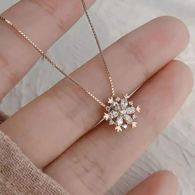 925 Ayar Gümüş Zirkon Taşlı Kar Tanesi Rose Renk Kolye