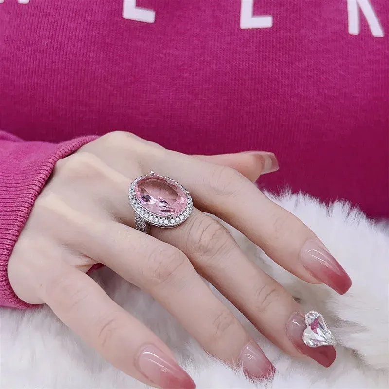 925 Ayar Gümüş Ayarlanabilir Oval Pembe Zirkon Taşlı Yüzük