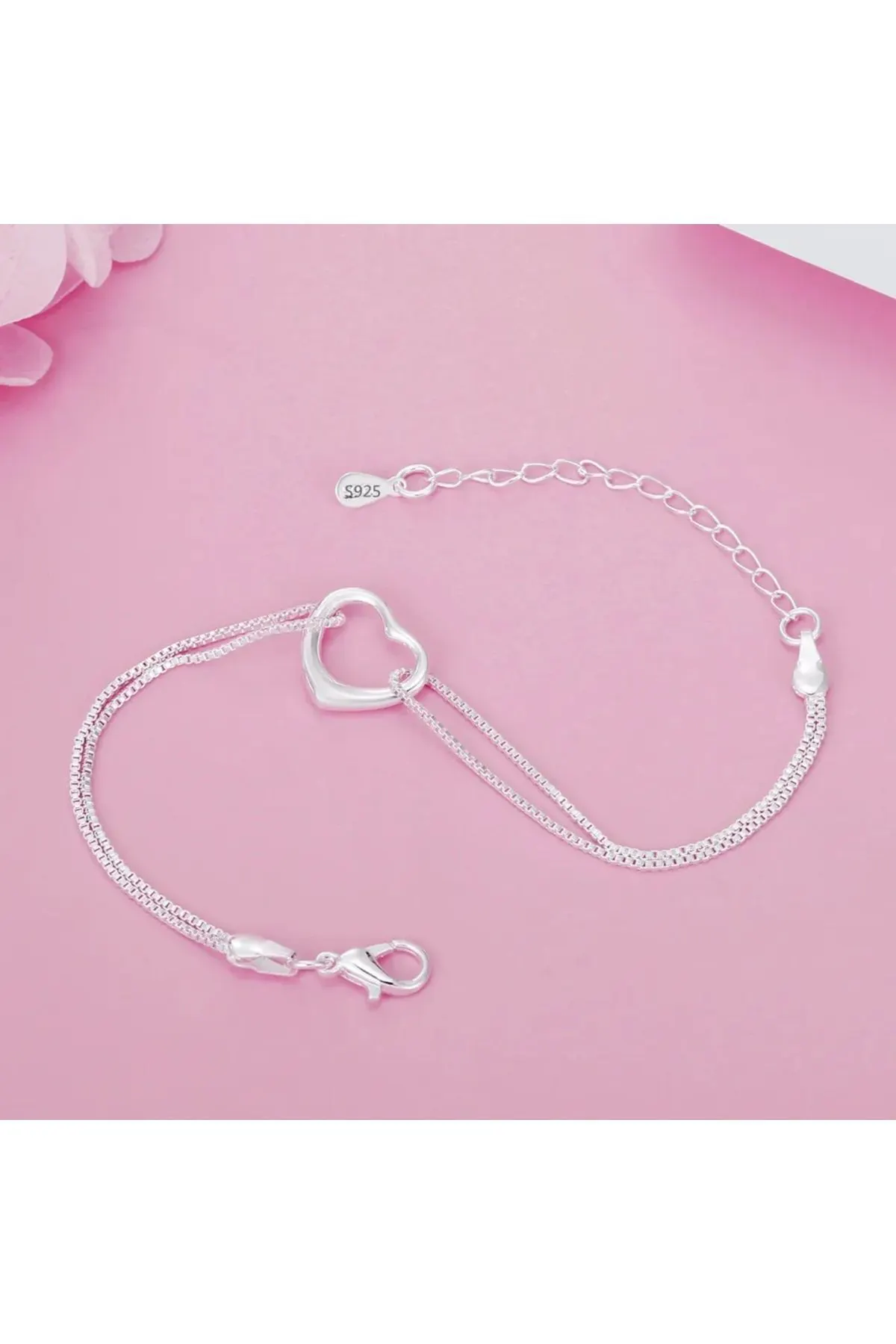Eyelashes Silver 925 Ayar Çift Zincir Kalp Gümüş Bileklik