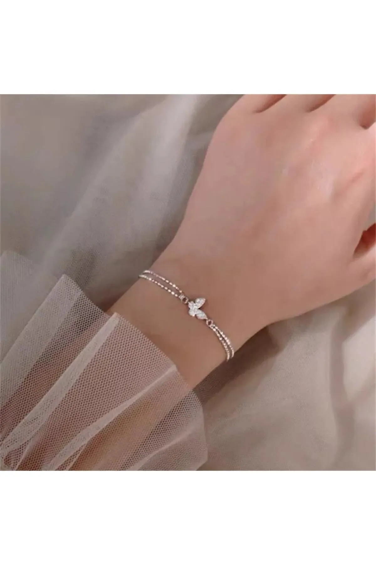 925 Ayar Gümüş Kristal Taşlı Çift Sıra Zincirli Kelebek Bileklik
