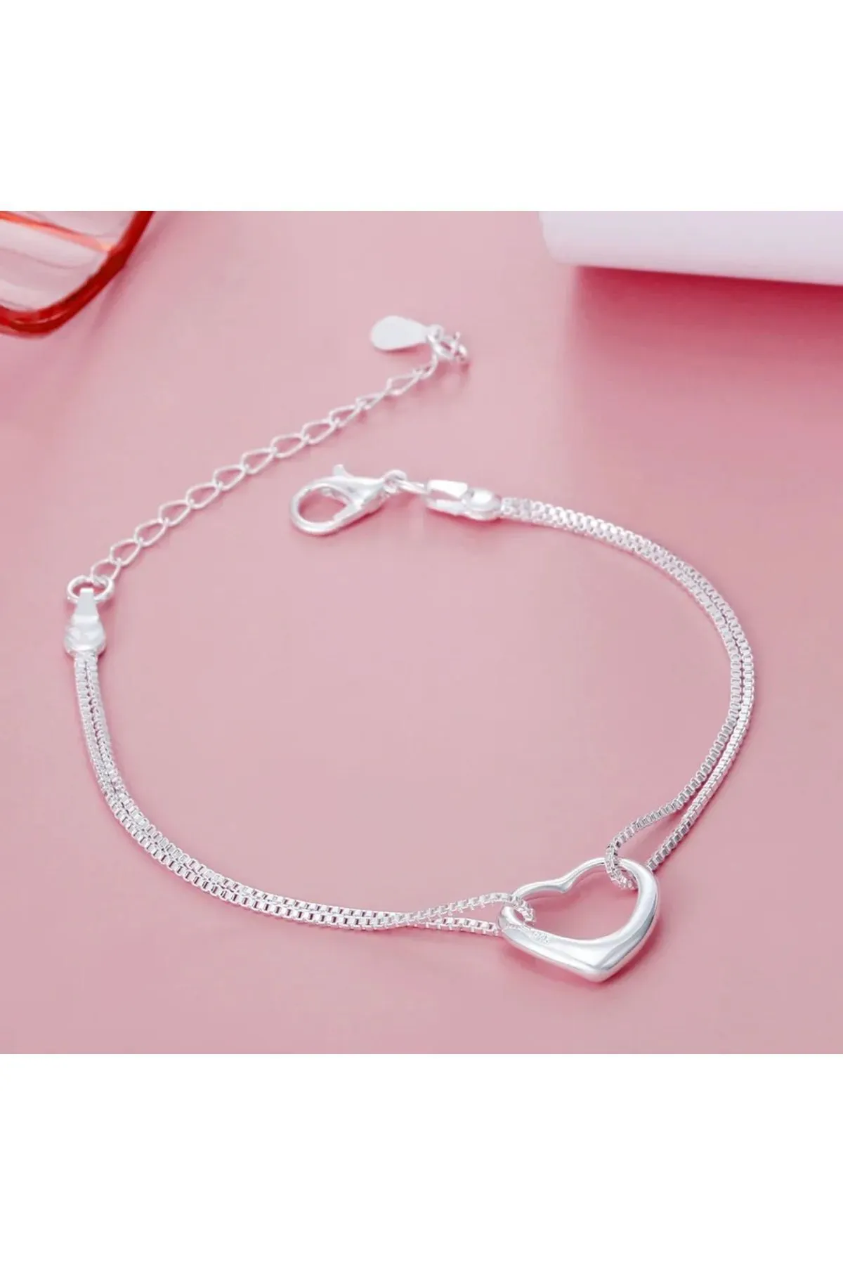 Eyelashes Silver 925 Ayar Çift Zincir Kalp Gümüş Bileklik