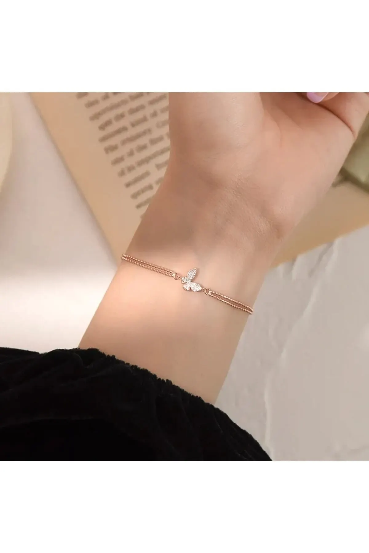 925 Ayar Gümüş Kristal Tasli Çift Sıra Zincirli Kelebek Rose Renk Bileklik