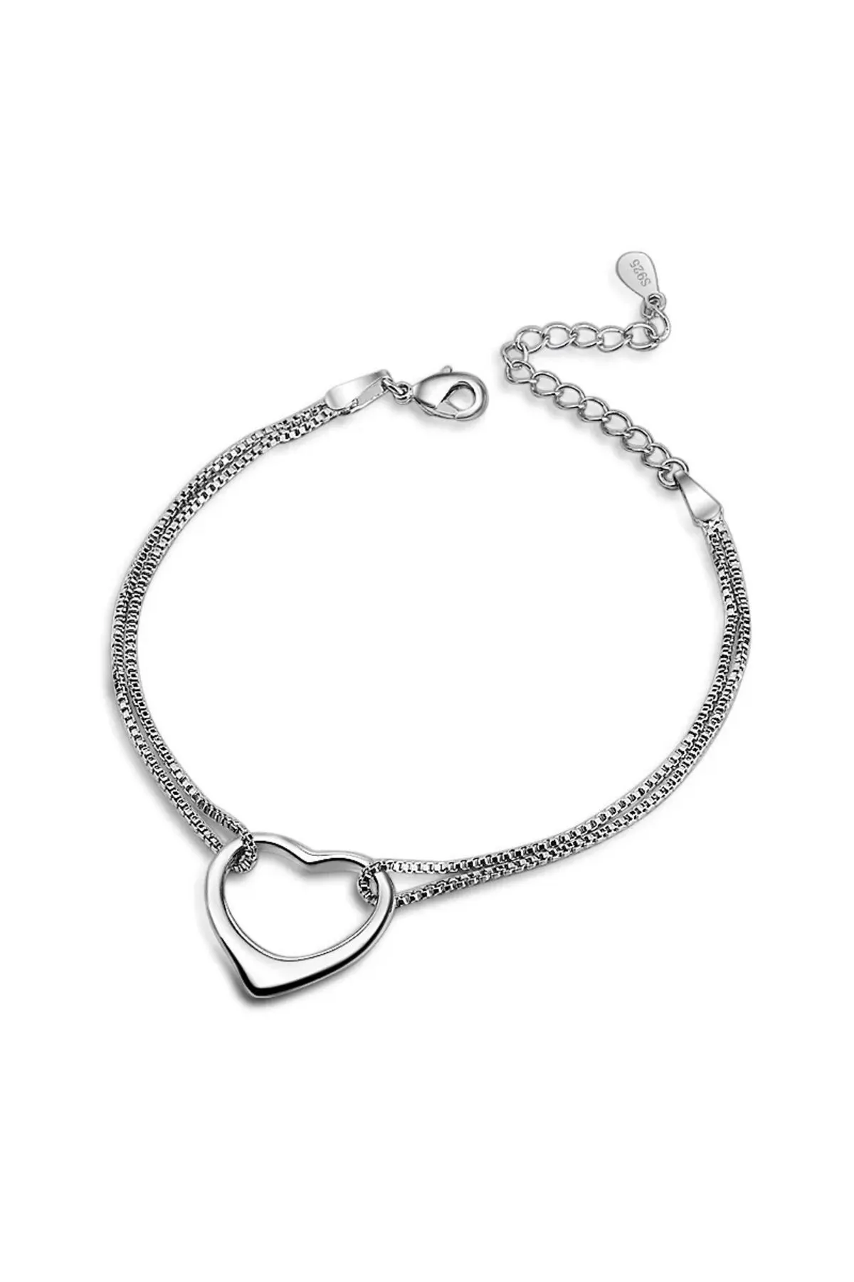 Eyelashes Silver 925 Ayar Çift Zincir Kalp Gümüş Bileklik