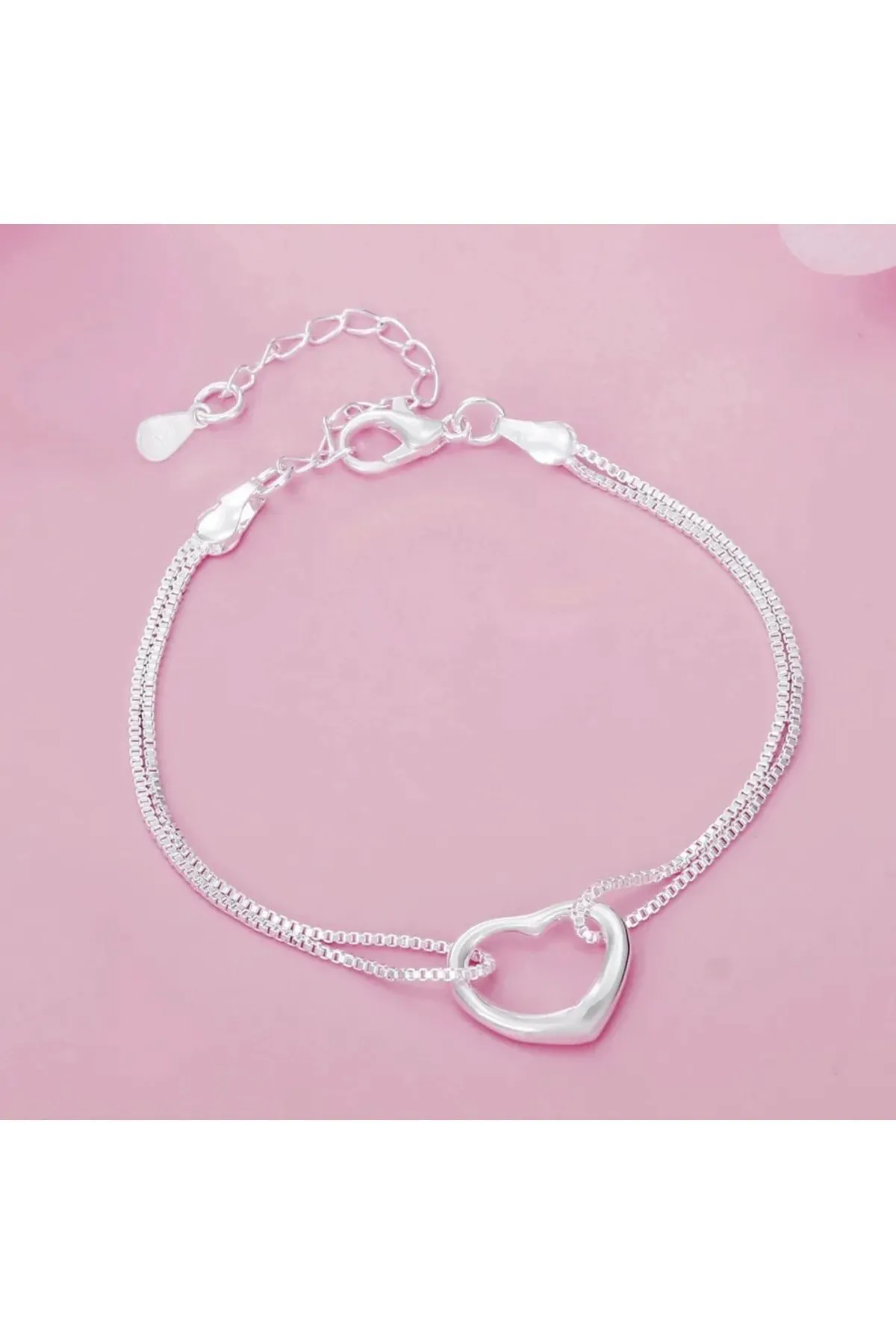 Eyelashes Silver 925 Ayar Çift Zincir Kalp Gümüş Bileklik