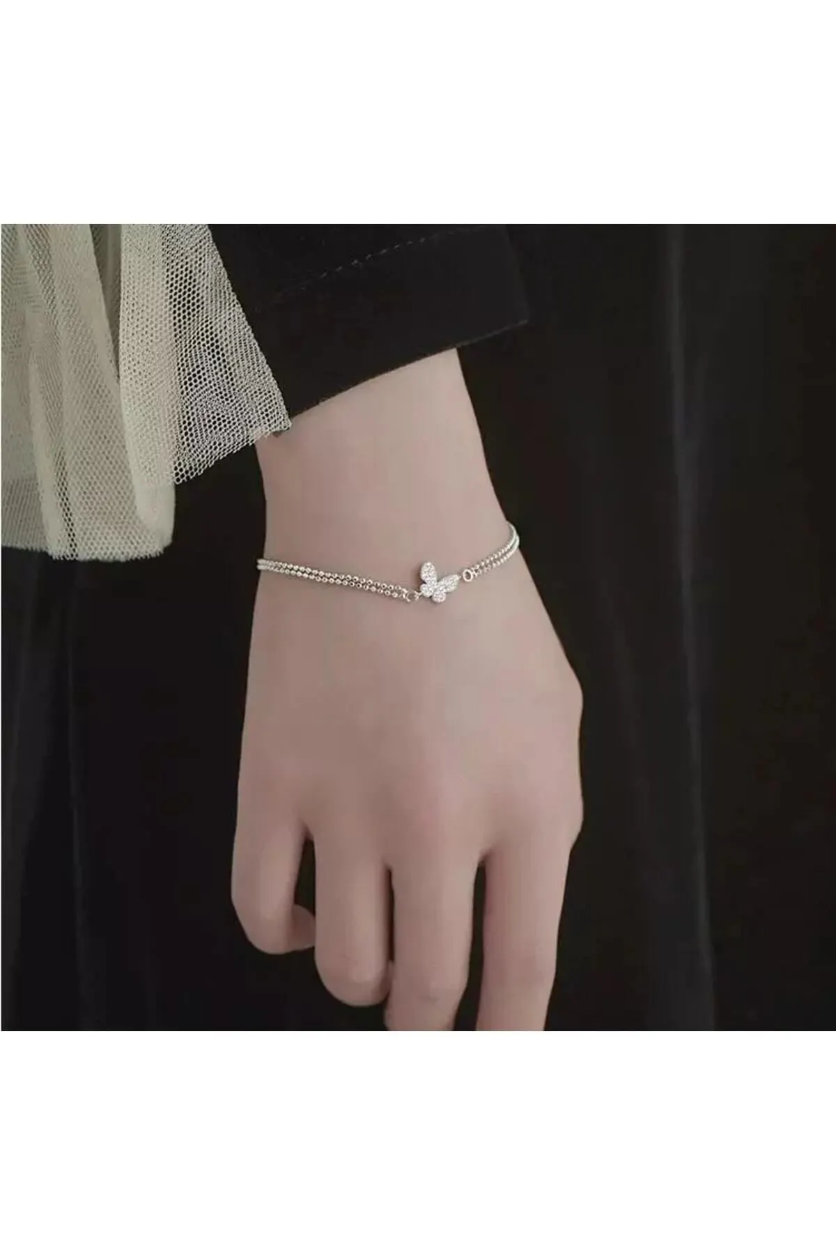 925 Ayar Gümüş Kristal Taşlı Çift Sıra Zincirli Kelebek Bileklik