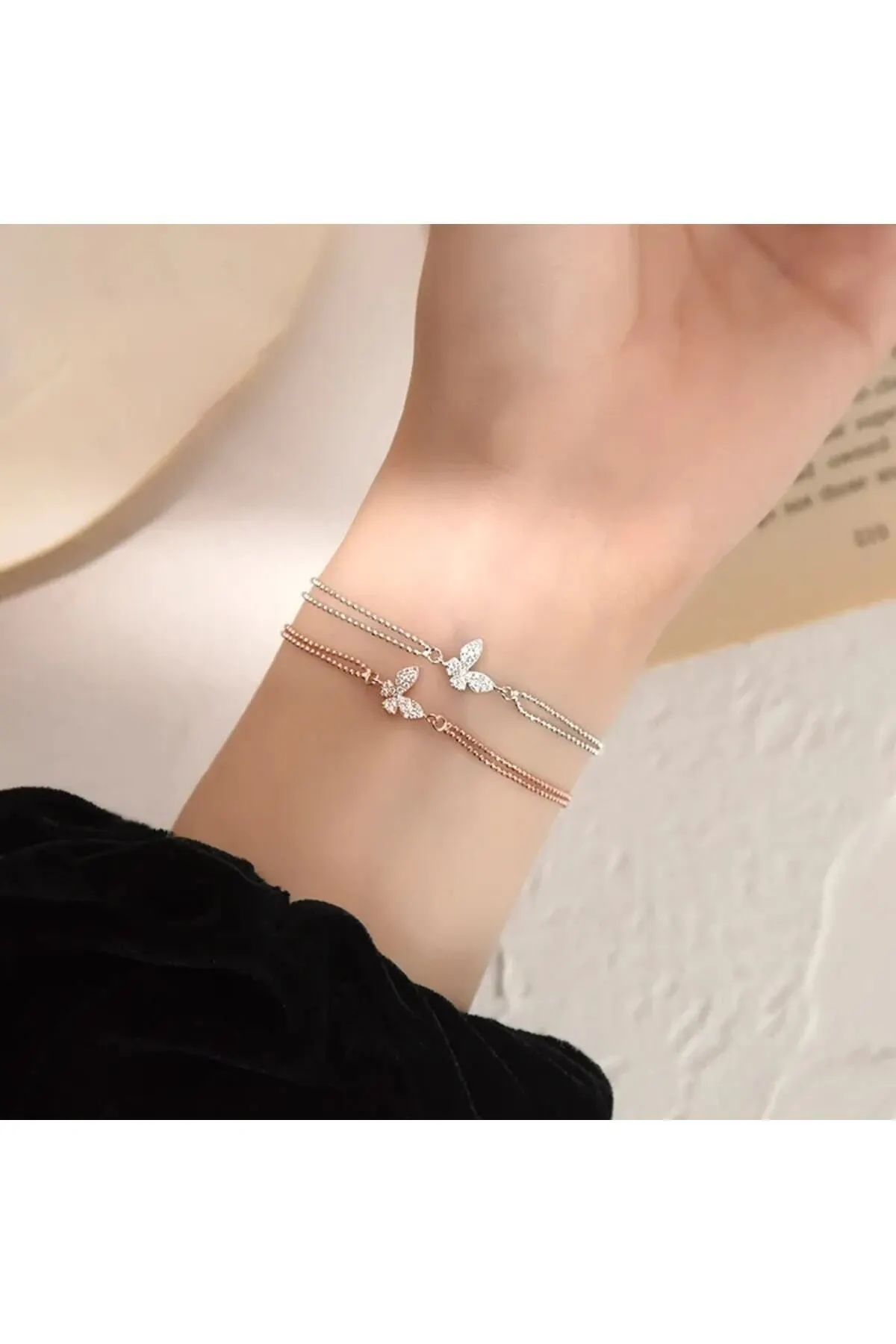 925 Ayar Gümüş Kristal Tasli Çift Sıra Zincirli Kelebek Rose Renk Bileklik