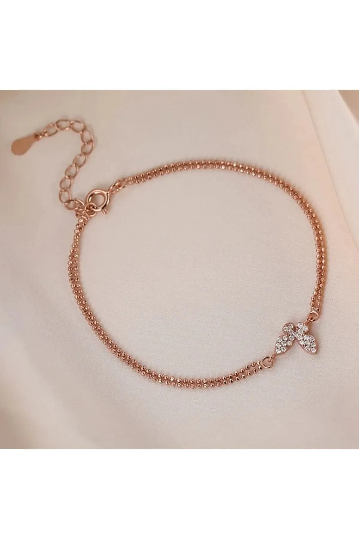 925 Ayar Gümüş Kristal Tasli Çift Sıra Zincirli Kelebek Rose Renk Bileklik