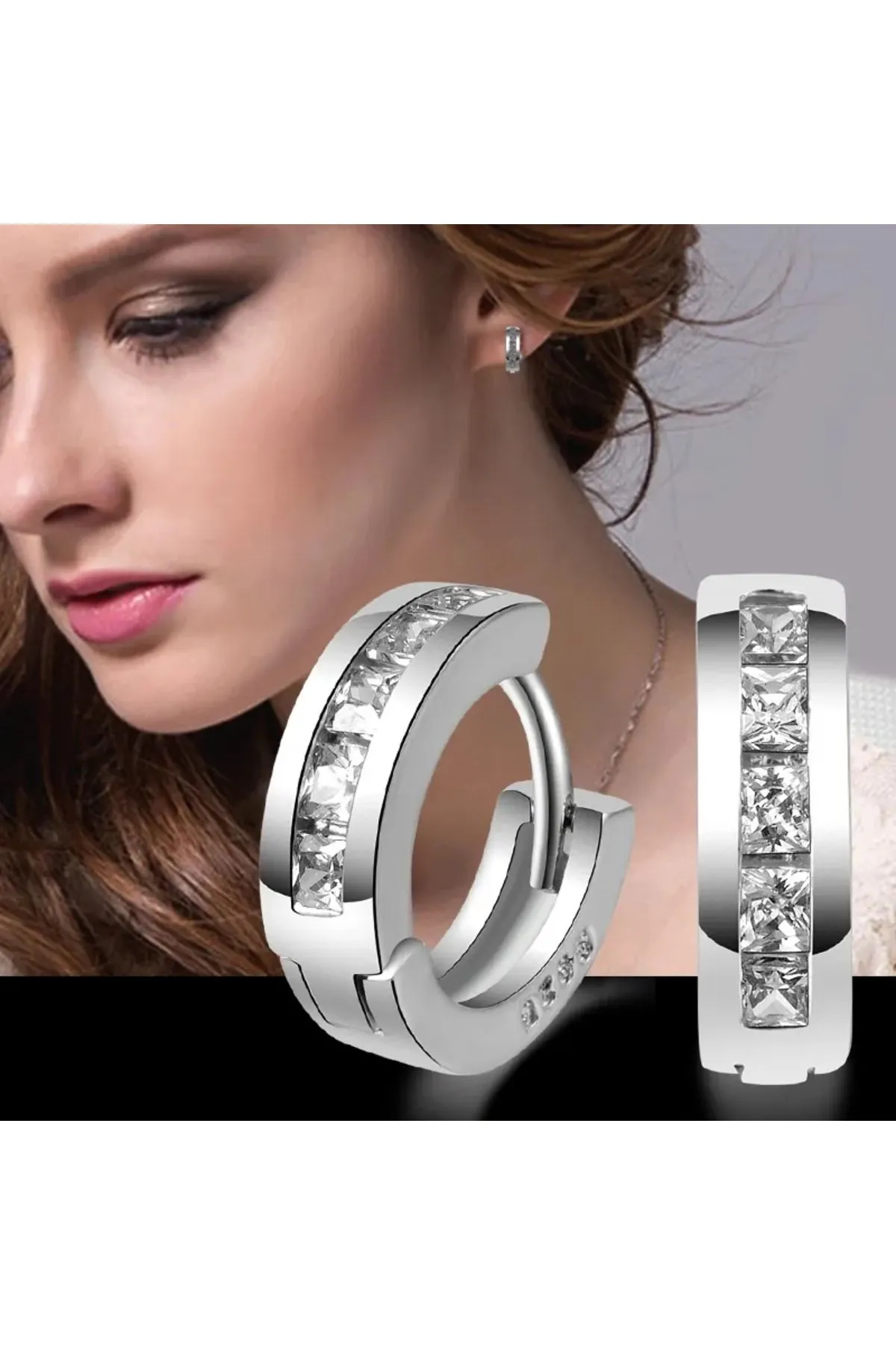 925 Ayar Gümüş Zirkon Taşlarla Süslenmiş Halka Küpe (12MM)