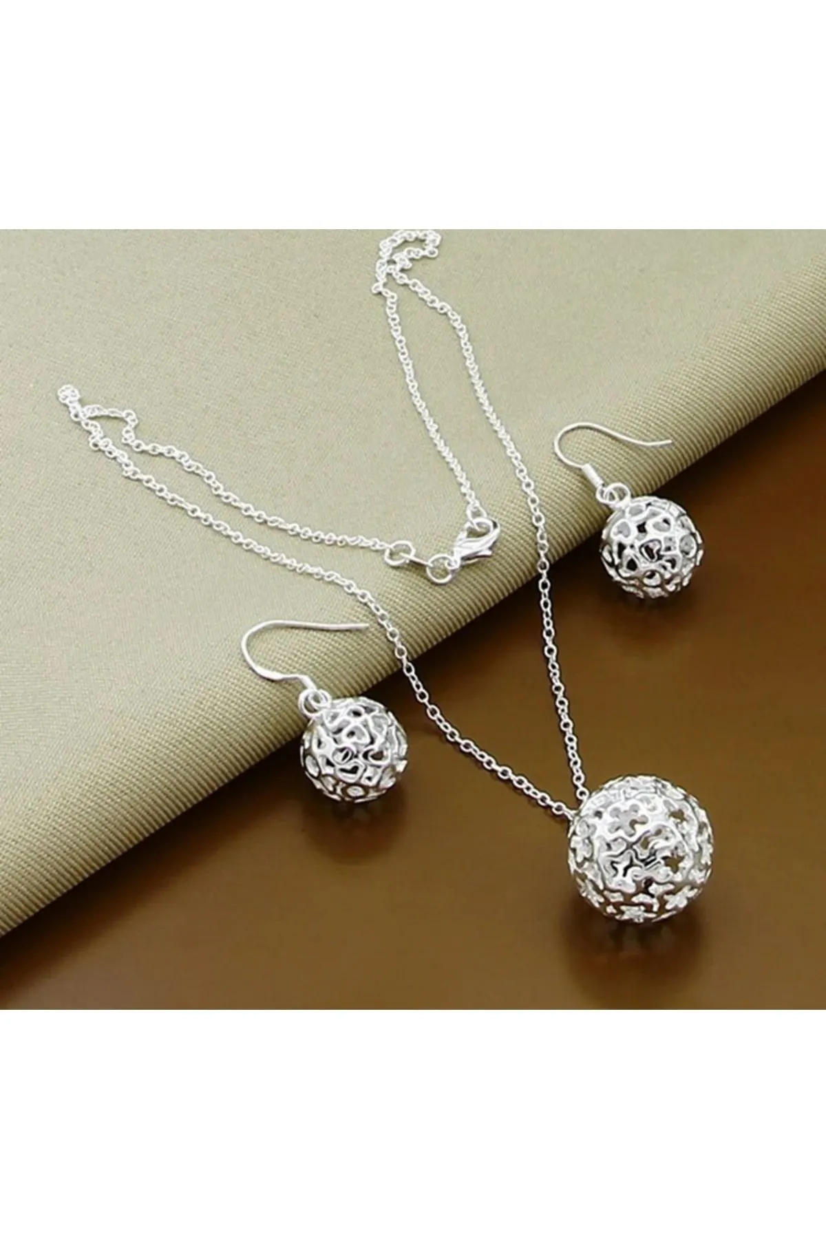 925 Ayar Gümüş Yuvarlak Top Kolye Küpe Set