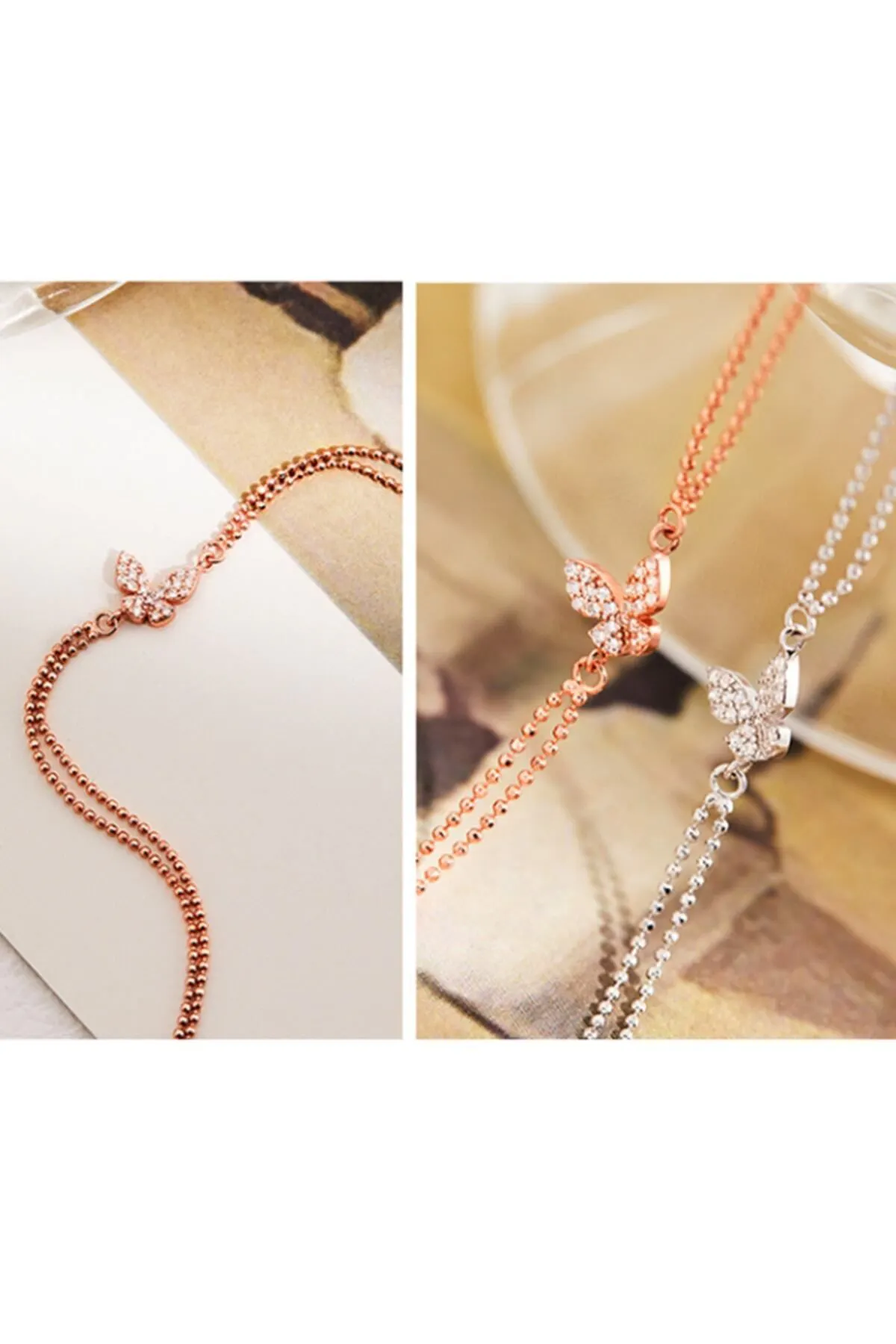 925 Ayar Gümüş Kristal Tasli Çift Sıra Zincirli Kelebek Rose Renk Bileklik