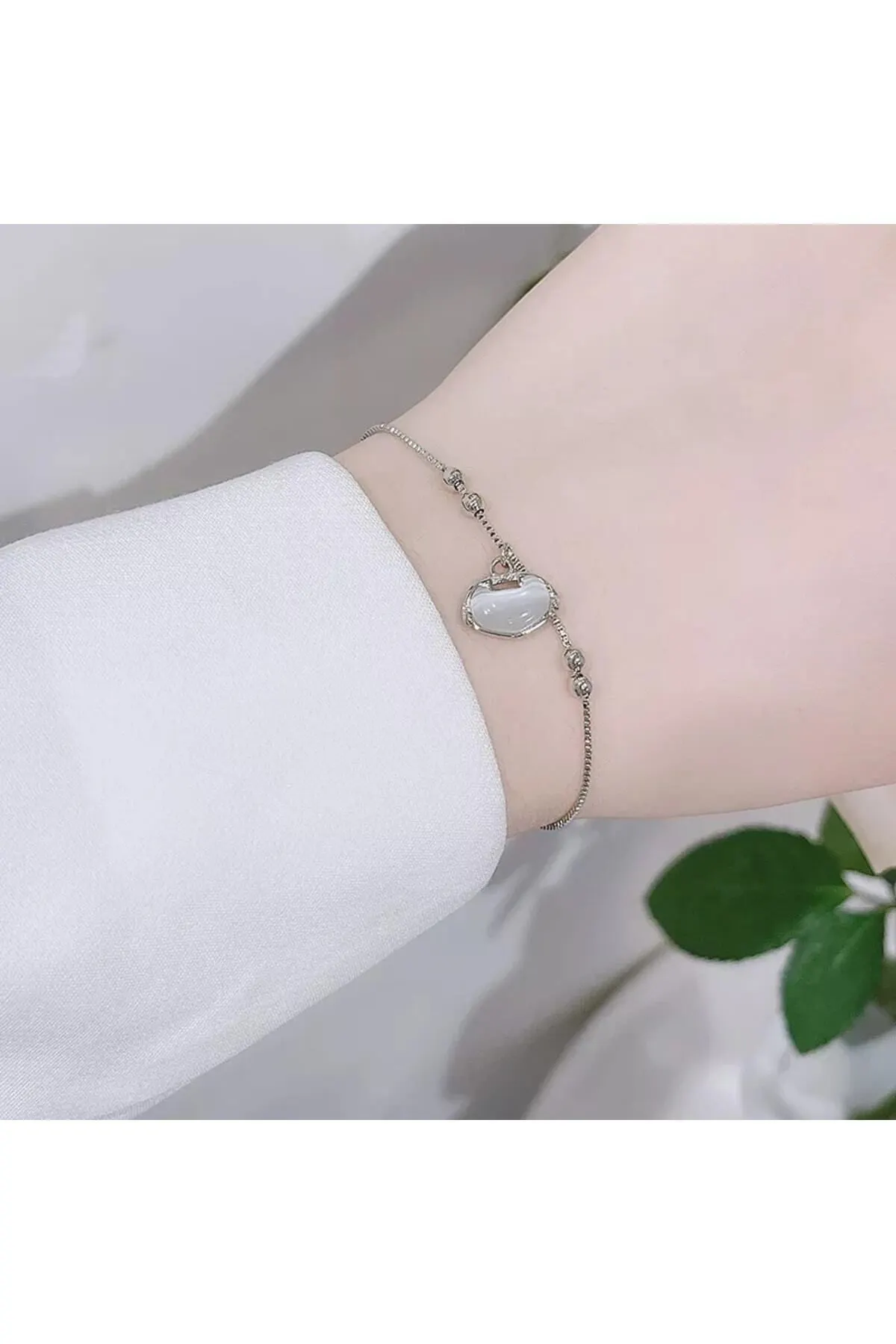 925 Ayar Gümüş Açık Gri Opal Taşlı Bileklik