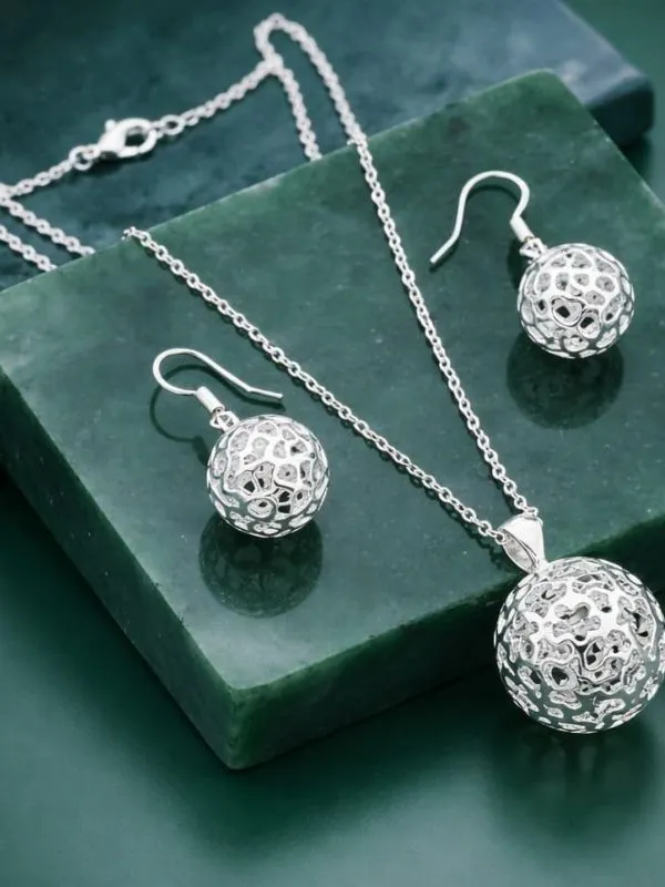 925 Ayar Gümüş Yuvarlak Top Kolye Küpe Set