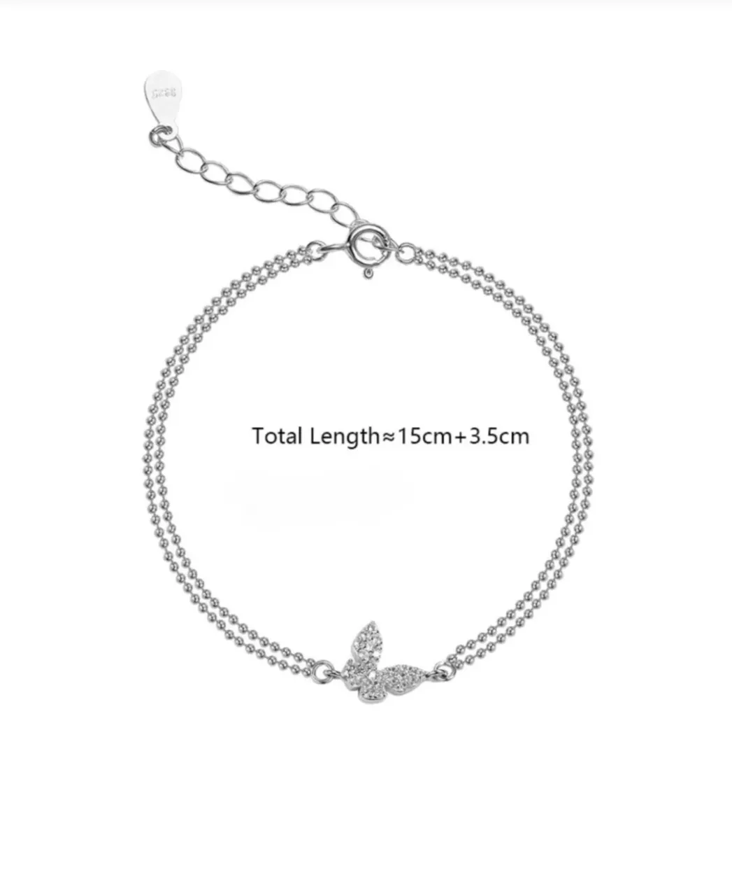 925 Ayar Gümüş Kristal Taşlı Çift Sıra Zincirli Kelebek Bileklik