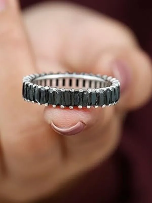 925 Ayar Siyah Kristal Taşlı Tamtur Baget Gümüş Yüzük